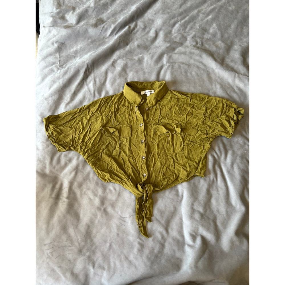 Ole by Koton Mustard Yellow Tie Front Button Down Crop Top Short Sleeve Size 6